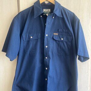 Woolrich Teton‎ Button Up Mens M Navy Blue Short Sleeve Zipper Pocket 6210MW